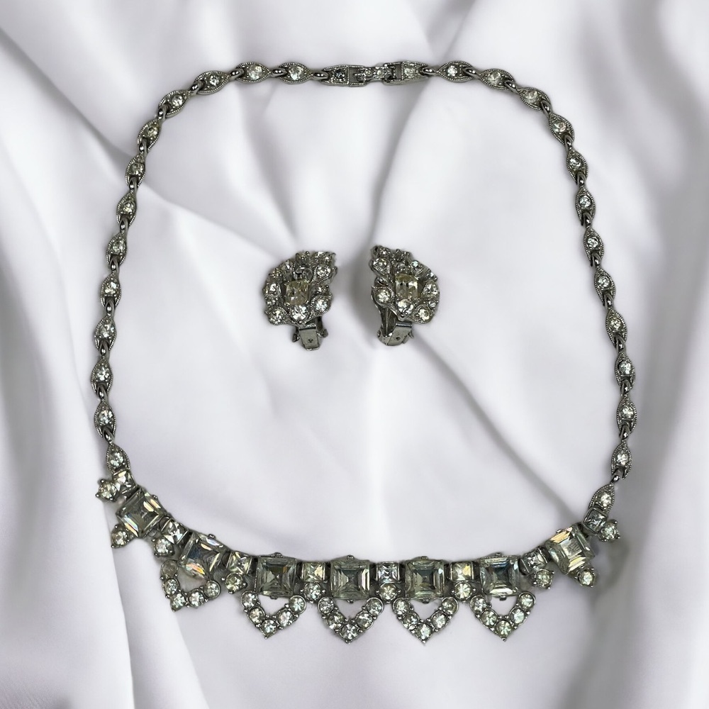 Vintage BOGOFF 1940s-1950s Earrings & Necklace Set Rhodium Plated Rhinestones